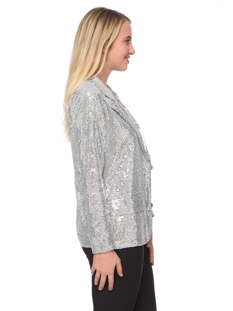 Anna-Kaci Women's Evening Sparkle Sequins Open Front Long Sleeve Blazer Jacket,Silver,Large - Image 5